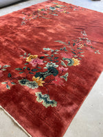 9' x 11'8 Antique Art Deco Rug #2704 / Large Vintage Rug - Blue Parakeet Rugs