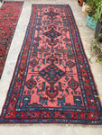 3'6 x 10'4 Antique coral ground Persian runner #2196 / 4x10 Vintage Runner - Blue Parakeet Rugs