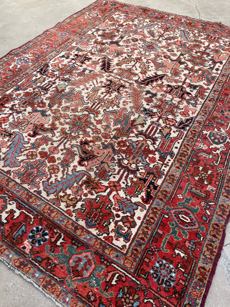 6'8 x 9' Antique Ivory ground Heriz rug #2203 / 7x9 Vintage Rug - Blue Parakeet Rugs