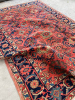 7'3 x 10'5 Antique watermelon ground Mahal village rug #2024 / 7x10 Vintage Rug - Blue Parakeet Rugs