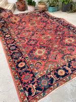 7'3 x 10'5 Antique watermelon ground Mahal village rug #2024 / 7x10 Vintage Rug - Blue Parakeet Rugs