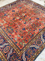 7'5 x 8'2 square antique Persian Heriz Rug - Blue Parakeet Rugs