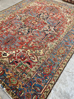 7'8 x 10'2 Antique tribal Heriz rug w/ French blue borders #2038 / 8x10 Vintage Rug - Blue Parakeet Rugs