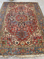 7'8 x 10'2 Antique tribal Heriz rug w/ French blue borders #2038 / 8x10 Vintage Rug - Blue Parakeet Rugs