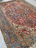 7'8 x 10'2 Antique tribal Heriz rug w/ French blue borders #2038 / 8x10 Vintage Rug - Blue Parakeet Rugs