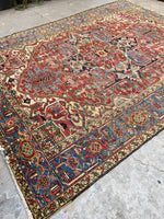 7'8 x 10'2 Antique tribal Heriz rug w/ French blue borders #2038 / 8x10 Vintage Rug - Blue Parakeet Rugs