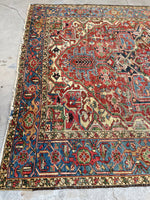 7'8 x 10'2 Antique tribal Heriz rug w/ French blue borders #2038 / 8x10 Vintage Rug - Blue Parakeet Rugs