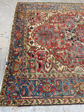7'8 x 10'2 Antique tribal Heriz rug w/ French blue borders #2038 / 8x10 Vintage Rug - Blue Parakeet Rugs