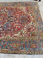 7'8 x 10'2 Antique tribal Heriz rug w/ French blue borders #2038 / 8x10 Vintage Rug - Blue Parakeet Rugs