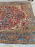 7'8 x 10'2 Antique tribal Heriz rug w/ French blue borders #2038 / 8x10 Vintage Rug - Blue Parakeet Rugs