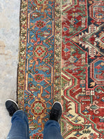 7'8 x 10'2 Antique tribal Heriz rug w/ French blue borders #2038 / 8x10 Vintage Rug - Blue Parakeet Rugs