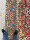 7'8 x 10'2 Antique tribal Heriz rug w/ French blue borders #2038 / 8x10 Vintage Rug - Blue Parakeet Rugs