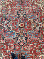 7'8 x 10'2 Antique tribal Heriz rug w/ French blue borders #2038 / 8x10 Vintage Rug - Blue Parakeet Rugs