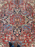 7'8 x 10'2 Antique tribal Heriz rug w/ French blue borders #2038 / 8x10 Vintage Rug - Blue Parakeet Rugs