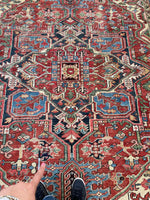 7'8 x 10'2 Antique tribal Heriz rug w/ French blue borders #2038 / 8x10 Vintage Rug - Blue Parakeet Rugs