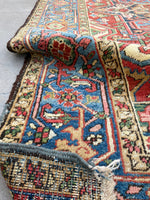 7'8 x 10'2 Antique tribal Heriz rug w/ French blue borders #2038 / 8x10 Vintage Rug - Blue Parakeet Rugs
