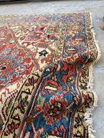 7'8 x 10'2 Antique tribal Heriz rug w/ French blue borders #2038 / 8x10 Vintage Rug - Blue Parakeet Rugs