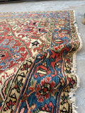 7'8 x 10'2 Antique tribal Heriz rug w/ French blue borders #2038 / 8x10 Vintage Rug - Blue Parakeet Rugs