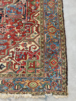 7'8 x 10'2 Antique tribal Heriz rug w/ French blue borders #2038 / 8x10 Vintage Rug - Blue Parakeet Rugs