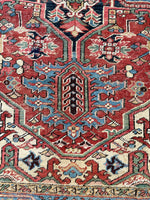 7'8 x 10'2 Antique tribal Heriz rug w/ French blue borders #2038 / 8x10 Vintage Rug - Blue Parakeet Rugs