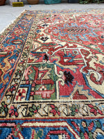 7'8 x 10'2 Antique tribal Heriz rug w/ French blue borders #2038 / 8x10 Vintage Rug - Blue Parakeet Rugs