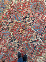 7'8 x 10'2 Antique tribal Heriz rug w/ French blue borders #2038 / 8x10 Vintage Rug - Blue Parakeet Rugs