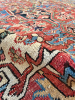 7'8 x 10'2 Antique tribal Heriz rug w/ French blue borders #2038 / 8x10 Vintage Rug - Blue Parakeet Rugs