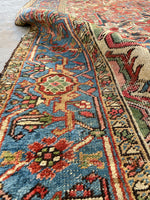 7'8 x 10'2 Antique tribal Heriz rug w/ French blue borders #2038 / 8x10 Vintage Rug - Blue Parakeet Rugs