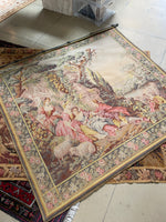 4'3 x 4'7 Antique French Tapestry with silk - Blue Parakeet Rugs