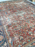 9'2 x 12'6 love worn antique Persian Heriz Rug - Blue Parakeet Rugs