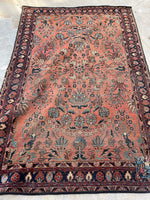 4'4 x 6'4 Antique coral floral rug #2045 / 4x6 Vintage Rug - Blue Parakeet Rugs