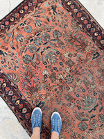4'4 x 6'4 Antique coral floral rug #2045 / 4x6 Vintage Rug - Blue Parakeet Rugs