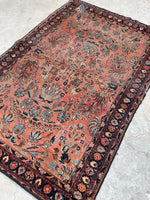 4'4 x 6'4 Antique coral floral rug #2045 / 4x6 Vintage Rug - Blue Parakeet Rugs