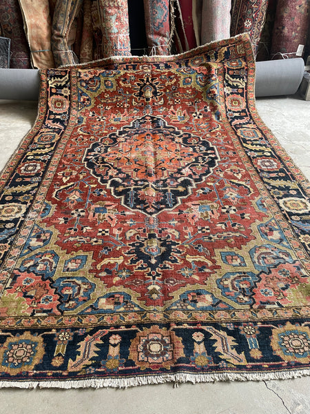 7’2 x 10’7 Antique Persian Heriz Rug #2738 / Large Vintage Rug - Blue Parakeet Rugs