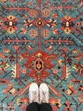 8'1 x 11'4 french blue ground Antique Persian Heriz Rug (#836) - Blue Parakeet Rugs