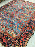8'1 x 11'4 french blue ground Antique Persian Heriz Rug (#836) - Blue Parakeet Rugs