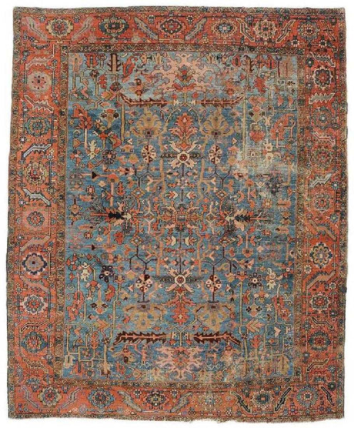 9'8 x 12'2 French blue antique Persian Heriz - Blue Parakeet Rugs