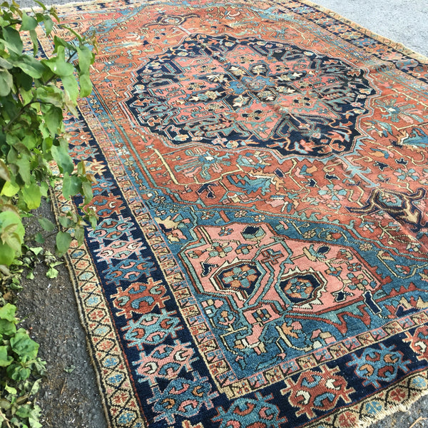 7'7 x 11'9 Lean n Mean French Blue Antique Heriz - Blue Parakeet Rugs