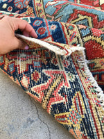 7’7 x 10’8 antique Persian Heriz with french bh bh  blue corners (#1141) - Blue Parakeet Rugs