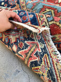 7’7 x 10’8 antique Persian Heriz with french bh bh  blue corners (#1141) - Blue Parakeet Rugs