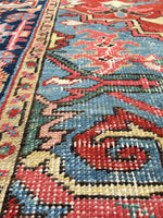 7’7 x 10’8 antique Persian Heriz with french bh bh  blue corners (#1141) - Blue Parakeet Rugs
