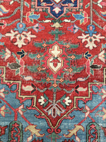 7’7 x 10’8 antique Persian Heriz with french bh bh  blue corners (#1141) - Blue Parakeet Rugs