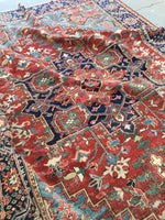 7’7 x 10’8 antique Persian Heriz with french bh bh  blue corners (#1141) - Blue Parakeet Rugs