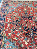 7’7 x 10’8 antique Persian Heriz with french bh bh  blue corners (#1141) - Blue Parakeet Rugs