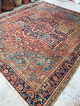 9’7 x 11’ Antique Heriz with french blue corners - Blue Parakeet Rugs