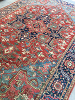 7’7 x 10’8 antique Persian Heriz with french bh bh  blue corners (#1141) - Blue Parakeet Rugs