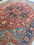 7’7 x 10’8 antique Persian Heriz with french bh bh  blue corners (#1141) - Blue Parakeet Rugs