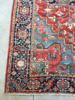 7’7 x 10’8 antique Persian Heriz with french bh bh  blue corners (#1141) - Blue Parakeet Rugs