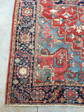7’7 x 10’8 antique Persian Heriz with french bh bh  blue corners (#1141) - Blue Parakeet Rugs