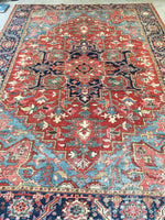 7’7 x 10’8 antique Persian Heriz with french bh bh  blue corners (#1141) - Blue Parakeet Rugs